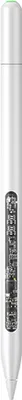 A close-up, slightly blurred image of a transparent stylus pen with a metallic tip, set against a white background.