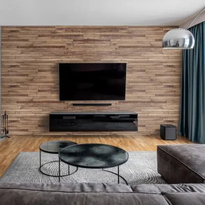Produktbild von dedeco Wohnzimmerrückwand TV-Wand Wandpaneel Wohnrückwand Rückwand Tapetenersatz, Motiv: Holz V3, 250 x 100 x 0,3cm,Nano-Protect: matt, wasserfest, robust, als Wandverkleidung aus Aluminium