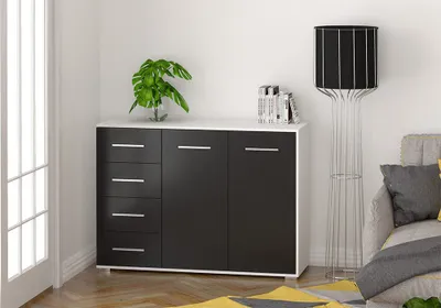 A modern living room scene featuring a black and white sideboard, a floor lamp, and a sofa.