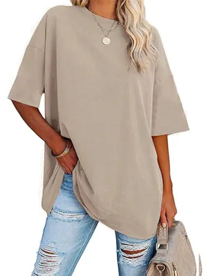 Produktbild von Oversized Damen-T-Shirts, Kurzarm, Rundhalsausschnitt, Tunika-Tops aus Baumwolle