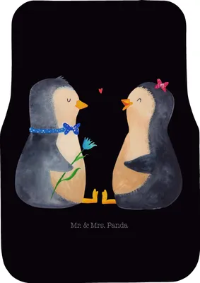 Produktbild von Mr. & Mrs. Panda Automatte Pinguin Pärchen - Schwarz - Geschenk, Fußmatte Auto, Autoteppich, Hochzeitstag, Fürs, Auto-Fußmatte, Verknallt, Liebe, Pinguine