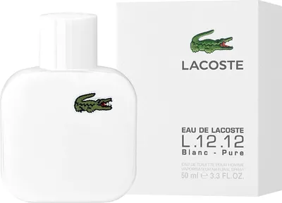 A white bottle of Lacoste L.12.12 Blanc Pure Eau de Toilette for men is shown next to its white packaging.