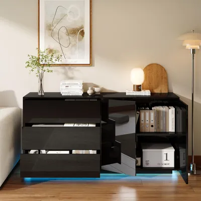 Produktbild von ProximaX Sideboard Schwarz Hochglanz 160 cm mit LED-Beleuchtung – 3 Schubladen & 2 Türen, modernes Highboard für Wohnzimmer