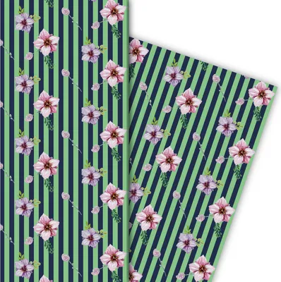 Produktbild von Streifen Geschenkpapier mit Streu Blumen in grün - G6365, 32 x 48cm