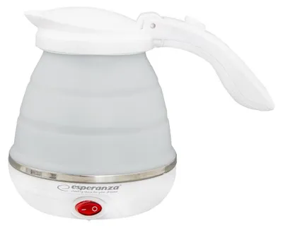 A white collapsible electric kettle with a silver trim and a red on/off switch is shown against a white background.