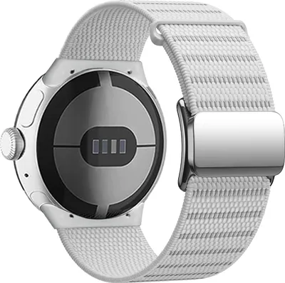 The back of a white and silver smartwatch with a white nylon band.