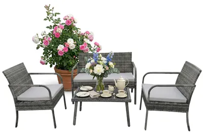 Produktbild von Relaxdays Gartenmöbel Set, 4-tlg. Rattan Sitzgruppe, 4 Personen, Bank, 2 Stühle & Tisch, Loungemöbel, outdoor, grau