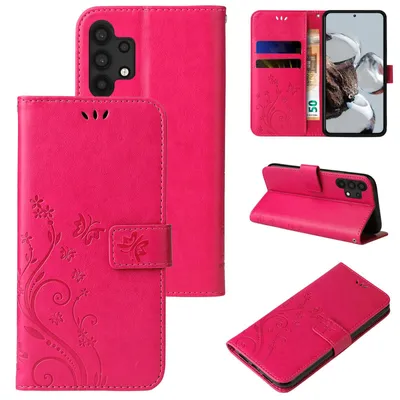 Produktbild von Handyhülle für Samsung Galaxy A32 5G Floral Blumen Schmetterling Flip Cover Hülle Case Klapphülle Handytasche Farbe: Pink