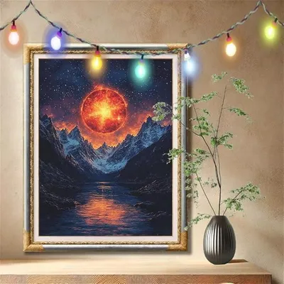 Productafbeelding van 5D Diamantverfset voor volwassenen, groot formaat 120x160cm, afbeelding van een berg en maan. Diamantverfset voor kinderen, doe-het-zelf kristal-strass kruisstik schilderij, knutselset voor kantoor, wanddecoratie, cadeaus. Modelnummer: 57F-9480