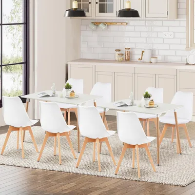 Image de HJ_WeDoo Ensemble de salle à manger avec 2 tables blanches et 8 chaises blanches pour cuisine, salle à manger, salon et bureau