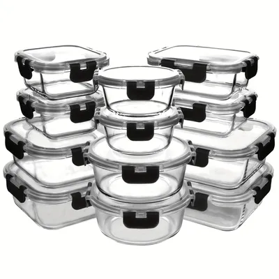 Produktbild von 12er Set Glasbehälter mit Deckel, luftdicht & auslaufsicher Lunchboxen, stapelbar Lebensmittelbehälter für Meal Prep Boxen Vorratsdosen, Schwarz
