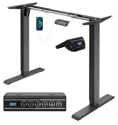 Image de Structure de bureau électrique - Cadre de bureau debout réglable en hauteur - Double moteur - 4 positions de mémoire - Port de charge USB - Capacité de charge de 70 kg - Gris foncé