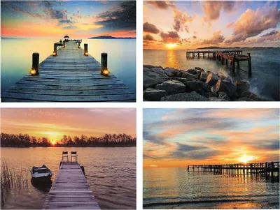 Produktbild von 4 Stück LED Wandbild Steg am See Bilder beleuchtet 20 cm x 15 cm