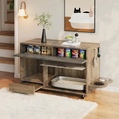 A wooden cat furniture piece with a litter box, food bowls, and storage compartments, set up in a home environment.
