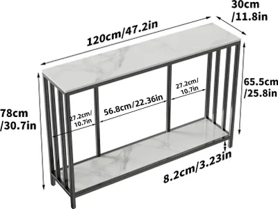 Obrázok produktu pre Konzolový stolík zo sinterovaného kameňa – stolík do predsiene alebo obývačky – 2 úrovne – úzky, rozmer 120x30x78 cm – komoda – kovová konštrukcia, farba čierna – povrch biela