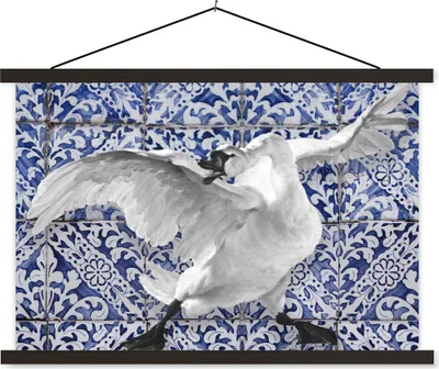 Produktbild von MuchoWow® Textilposter Schwan - Kunst - Delfter Blau - Malerei - Alte Meister 150x100 cm mit schwarzem Rahmen - Schlafzimmer