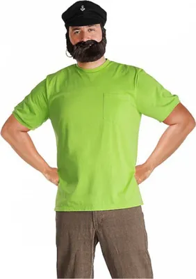 A man wearing a green t-shirt, brown pants, and a pirate hat with a beard.