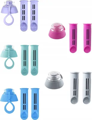 A collection of water filter cartridges and caps in various colors.
