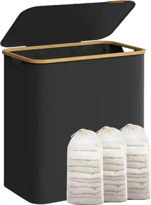 Produktbild von Songmics Wäschekorb Wäschesammler 3 Fächer Bambus 150l Schwarz
