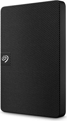 A black external hard drive with a textured surface and a Seagate logo.