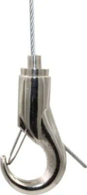 Produktbild von Drahtseilhalter / Gripper 20, Haken mit Aushängesicherung, seitlicher Ausgang, für Drahtseil Ø1,5-2,0mm | vernickelt