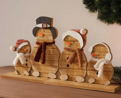 Produktbild von Winterdeko "Schneemannbande" aus Holz, 45 cm breit, Holzdeko Weihnachten, Weihnachtsdeko Schneemann