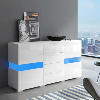 Produktbild von Fortuna Lai Hochglanz Weiß Sideboard Lagerung Schrank Schrank Einheit mit 16 Farben LED-Leuchten für Esszimmer Wohnzimmer