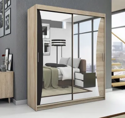 Produktbild von Schwebetürenschrank, 2-türig Schrank mit Spiegel! Moderne Garderobe für Kleidung. Verschiedene Farben (Weiß, Schwarz, Somona) Kleiderschrank NIKO 180 cm