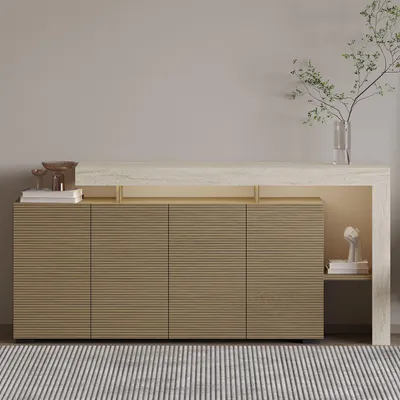 Produktbild von Skye Decor, Hochwertiger Konsolentisch mit LED-Beleuchtung, Travertin & Warmes Eichenholz, 170 x 80 x 35 cm | 100% melaminbeschichtete Spanplatte, 18 mm dick | Modernes skandinavisches Design mit zahlreichen Regalen, wandmontierbar.