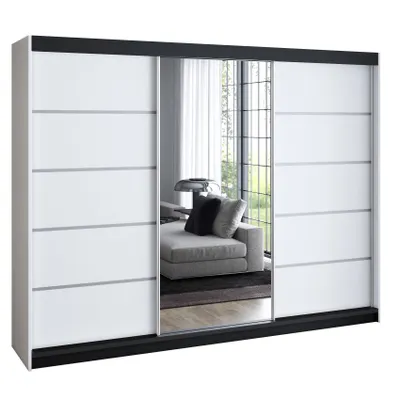 Produktbild von Schwebetürenschrank 200 cm, 3-türig, mit Spiegel & 4 Schubladen, Retro-Stil, modern, in Weiß/Schwarz/Sonoma – Kleiderschrank VILUNO 3