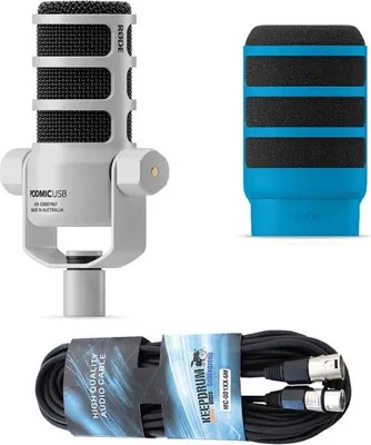 Produktbild von Rode Mikrofon Podmic USB Weiss mit WS14B Popschutz Blau und Kabel