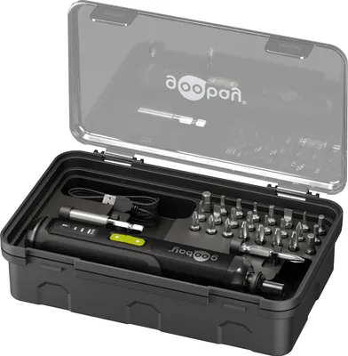 Produktbild von Goobay Tools Mini-Akkuschrauber-Set 28-tlg, 3 Drehmomentstufen 1-3 Nm, LED, 24 Bits, USB-C, 5V