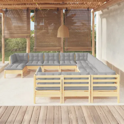 Produktbild von Schlichtes 12-tlg. Garten-Lounge-Set mit Grauen Kissen Kiefernholz - 3588329