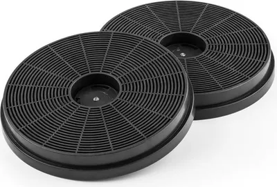 Two black circular carbon filters for a range hood, shown from a diagonal angle on a white background.