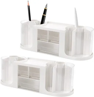 Image de Organisateur de bureau rotatif Unyqoos®, double niveau – blanc, 36,5 x 12,6 x 13 cm, 2 porte-stylos transparents, en plastique robuste