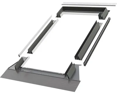 An exploded view of a skylight flashing kit, showing its various components laid out.
