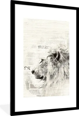Produktbild von MuchoWow® MuchoWow® Gerahmtes Poster Zeitung - Löwe - Schwarz - Weiß 60x90 cm - Poster mit zchwarzem Bilderrahmen - Dekoration - Wandposter Wohnzimmer - Hochwertig