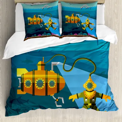 Produktbild von ABAKUHAUS Gelbes U-Boot Bettbezug, Taucher Dolphins, Milbensicher Allergiker geeignet mit Kissenbezügen, 155 cm x 220 cm - 80 x 80 cm, Petrol Blau und Ginger