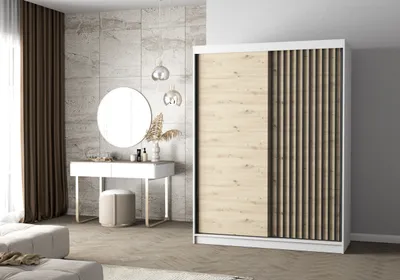 Produktbild von Easy4You Lami II Weiss/Artisan Schiebetürenschrank Kleiderschrank 150x200x61 cm - Schlafzimmermöbel, Aufbewahrung – Mehrzweckschrank mit Kleiderstange und Lamellen