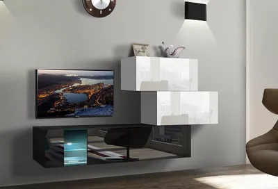 Image de Furnitech Meuble-paroi Salon - Meubles de salon avec LED Blanc - Meuble-paroi Suspendu Moderne - Étagères et meuble TV (Troja AN85-17BW-HG24-1A)