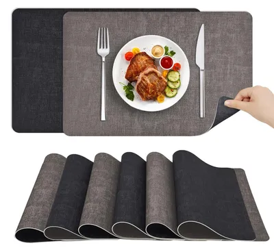 Produktbild von Set von 6 Wendbaren Kunstleder Platzdeckchen - Hitzebeständige Tischmatten - Hellgrau und Grau