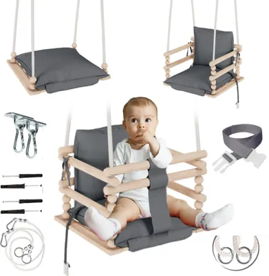 Zdjęcie produktu dla MAMOI® Huśtawka dziecięca 3 w 1 + PAS BEZPIECZEŃSTWA | Regulacja wysokości 190-260cm | Drewniana huśtawka dla dzieci | Wewnętrzna huśtawka dla dzieci