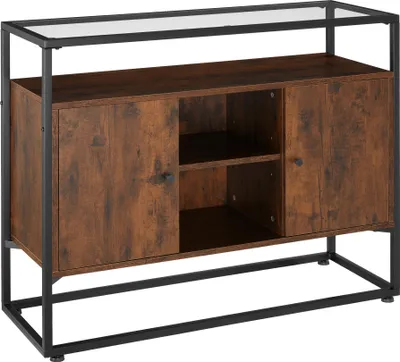 A product shot of a wooden sideboard with a glass top and black metal frame, set against a white background.
