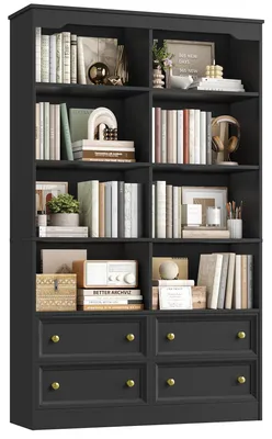 Immagine prodotto di Libreria - Libreria alta - 7 ripiani - Con cassetti e ante - 8 scomparti aperti - 100x30x180 cm - Nero