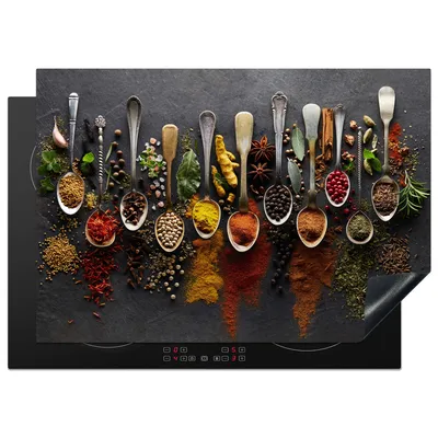 Obrázek produktu pro KitchenYeah® Krycí deska na sporák bylinky - koření - beton - lžíce, 75x52cm, kuchyňská dekorace, keramická krycí deska, krycí deska na varnou desku