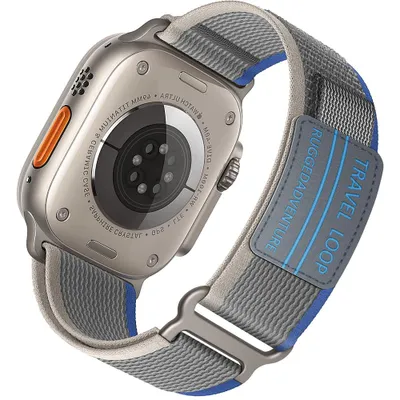 Produktbild von FFO2World Trail Loop Sportarmband für Apple Watch 46/45/44/42/49 mm (inkl. Ultra) – Weiches Nylonarmband mit Klettverschluss – Blau/Grau