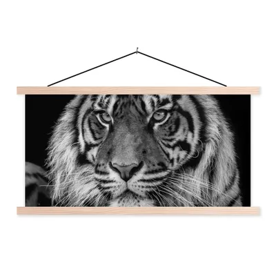 Produktbild von MuchoWow® Textilposter Tierprofil Sumatra-Tiger in Schwarz und Weiß 120x60 cm mit holzfarbenen Rahmen - Klemmleiste