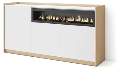 Produktbild von Sideboard, Highboard, 156x37x80cm, 3 Türen, Elektrokamin., Weiß und Eiche Soft