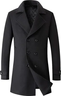 Produktbild von ASKSA Pánský zimní kabát s dlouhým rukávem Turn Down Collar Double Breasted Wool Coat Trench Coat, Black, M