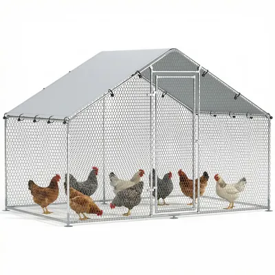 Immagine prodotto di Pollaio per 5-8 galline, tetto telonato, porta con serratura, struttura in acciaio, 5,1 m², 3 x 1,7 x 1,9 m